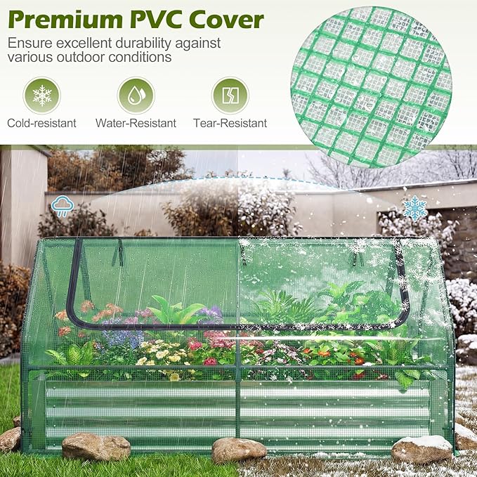 SAFSTAR Raised Garden Bed with Cover, 6FT x 3FT x 3FT Galvanized Bottomless Garden Bed with Greenhouse, Dual 2-Tier Roll-Up Windows, Outdoor Metal Planter Box Kit with Cover (Green)