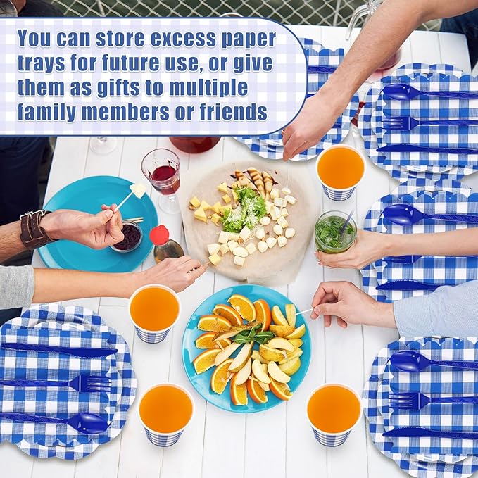 Funnymoom 400 Pcs Gingham Party Supplies for 50 Guests Dark Blue and White Paper Plates and Napkins Knives Spoon Fork Cup Disposable Checkered Dinner Party Set Cutlery for Baby Shower Wedding Favor