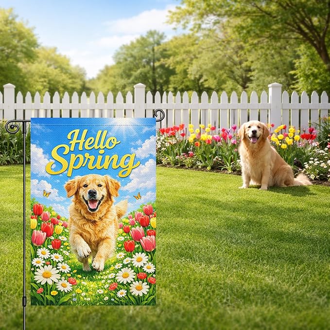 Heyfibro Hello Spring Garden Flag Double Sided 12x18 Inch Golden Retriever Floral Yard Flag for Outside Seasonal Dog Lover Outdoor Decor for Farmhouse Patio Porch