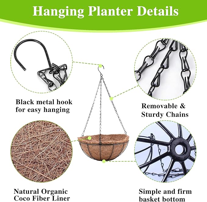 EIMQUVW 4 Pack Hanging Planter Basket with Coco Coin Liner 8 inch Hanging Flower Pots Outdoor Decorative Round Wire Plant Holder with Chain Metal Hanging Baskets for Plants Outdoor