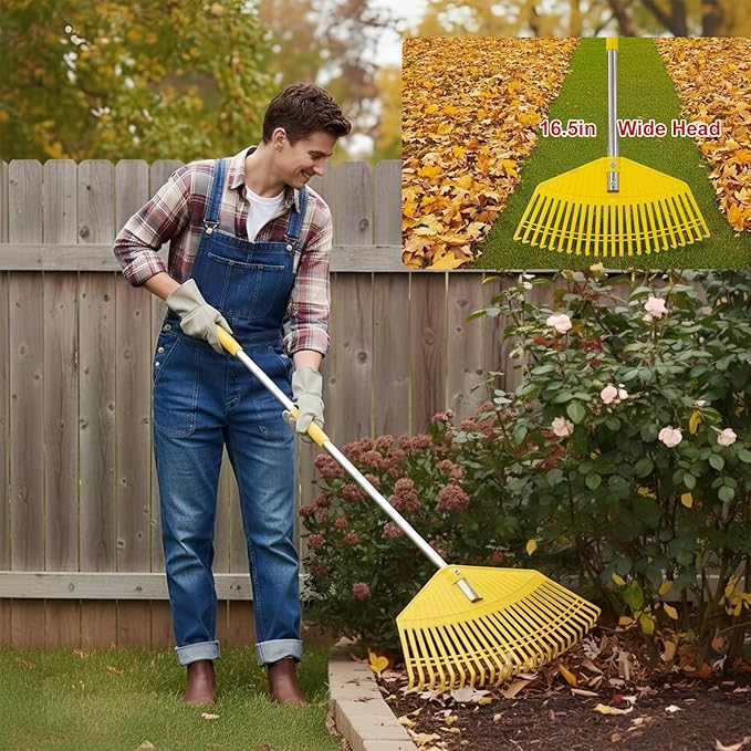 Plastic Garden Rake for Leaves - Lightweight Leaf Rake with Anti-Break Nylon Head, 16.5" Wide, 35–75" Adjustable Yard Rake for Lawn,Gardening,Grass & Pine Needles, Easy for Women, Seniors & Kids