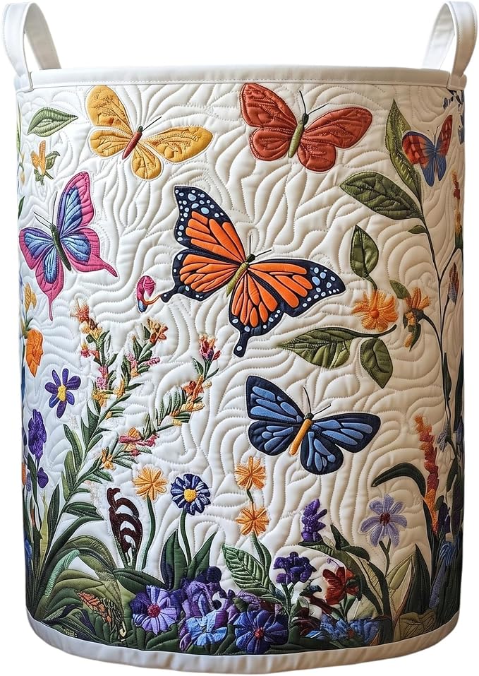 Quilted Laundry Basket with Handles, Boho Floral Quilted Storage Hamper, Large Capacity Laundry Hamper for Nursery Bedroom Laundry Room Home Decor (Pattern 06, Large (28"H x 20"W x 20"L))