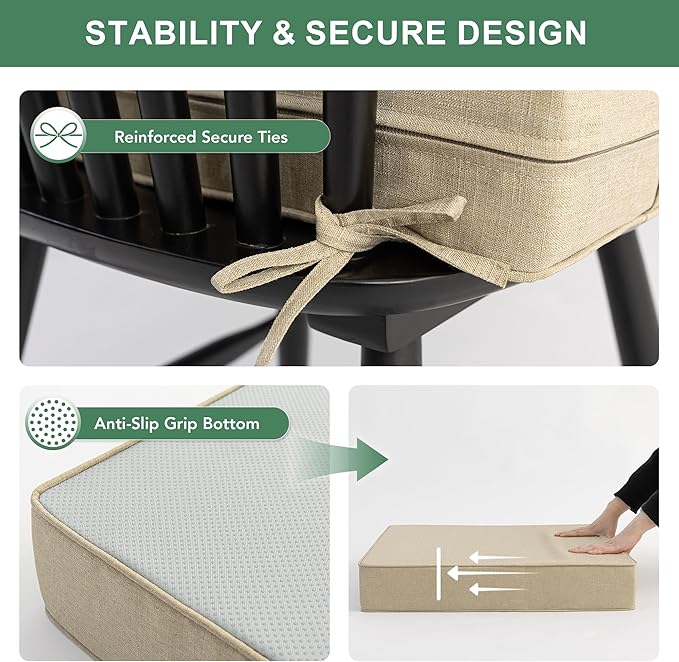 Summsun Outdoor Chair Cushions Set of 2, Faux Linen Patio Furniture Cushions, Water Resistant Backrest and Deep Seat Cushion Set with Ties, Removable Cover, Non-Slip Bottom, 24 x 24 Inch, Nature