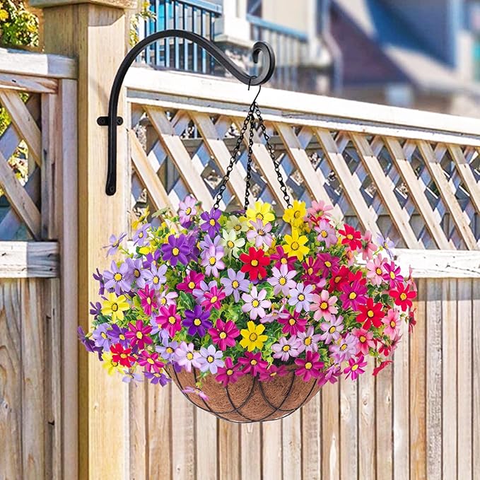 INXUGAO Artificial Flowers with Hanging Planter for Outdoor, Faux Silk Daisy UV Resistant Plants in Basket for Indoor Porch Garden Yard Spring Summer Decor(Rose Yellow)