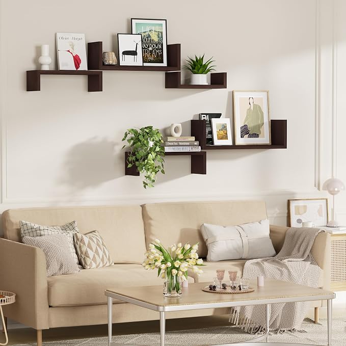 SRIWATANA Dark Walnut Floating Shelves, 5-Piece Set Wood Wall Storage Unit | Versatile Wood Shelves in 5 Different Sizes; Flexible DIY Layout to Fit Any Space in Bathroom, Bedroom, or Kitchen
