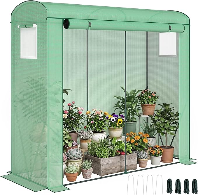 Outsunny Mini Greenhouse, Portable Greenhouse with Roll-Up Door and 2 Mesh Windows, Small Green House with PE Cover for Garden Patio Lawn, 78.7" x 29.5" x 74", Green