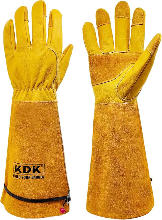 KDK Long Cowhide Gardening Gloves for Women Men, Thorn Proof Garden Gloves for Rose Pruning, Cactus Heavy Duty Gauntlet