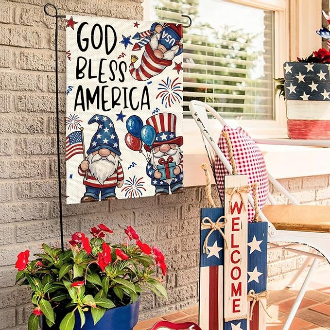 AVOIN colorlife God Bless America Patriotic 4th of July Garden Flag 12x18 Inch Double Sided Outside, American Stars and Stripes Gnomes Yard Outdoor Decoration