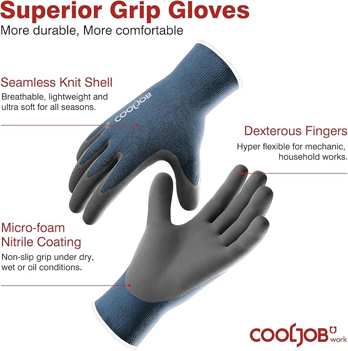 COOLJOB Gardening Gloves for Men, 2 Pairs Breathable Rubber Coated for Garden Weeding Landscaping, Outside Work for Lawn Yard, Men's Xlarge Size, Black & Blue