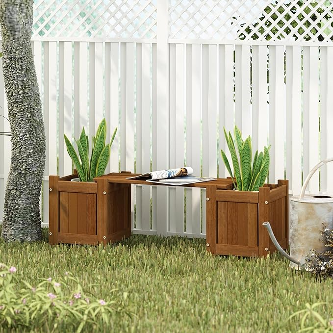 Furinno TIOMAN Mini Planter Box with Bench, Hardwood Flower Box with Seat, Cube Garden Box, in Teak Oil, Outdoor Indoor, Garden, Patio, Balcony, Light Wood