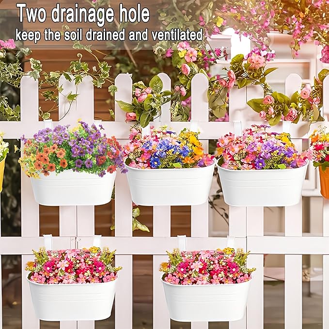 10.6 Inch 5 Pack Long Slot Wrought Iron Hanging Flower Pots Small Metal Hanging Flower Basket with Removable Hooks and Drainage Holes Suitable for Porch Railing Balcony Fence Garden (BS)