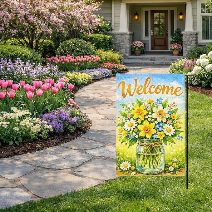 Heyfibro Hello Spring Garden Flag 12x18 Inch Double Sided Butterfly Floral Jar Garden Flag Small Yard Flags for Outside House Farmhouse Seasonal Spring Outdoor Decorations