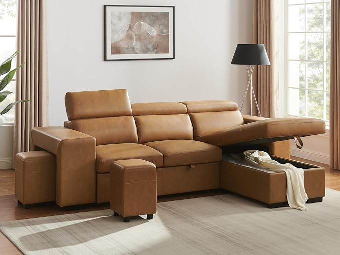 102'' Brown Leather L Shaped Sectional Sleeper Sofa with Pull Out Bed