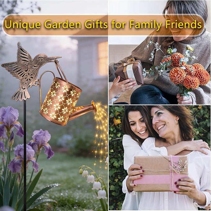 Solar Watering Can with Cascading Lights Outdoor Garden Decor, Bronze Hummingbird Gardening Gifts for Women Mom Grandma Birthday, Solar Lights for Garden Decorations Patio Yard Lawn Backyard