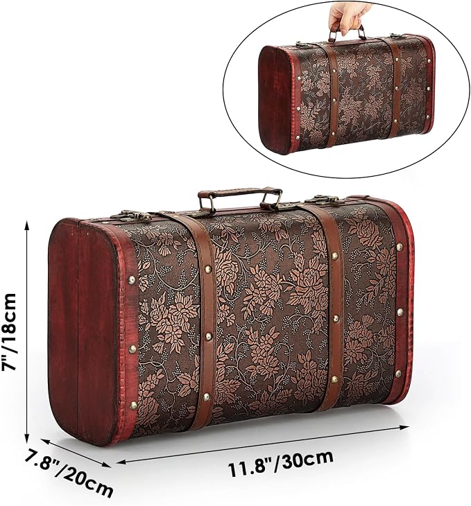 ELLDOO Vintage Wooden Storage Chest, Portable Decorative Luggage Suitcase | Treasure Chest Box with Grape Pattern, Pirate Keepsakes Box for Gifts, Chest Storage Box for Decor Storage Travel