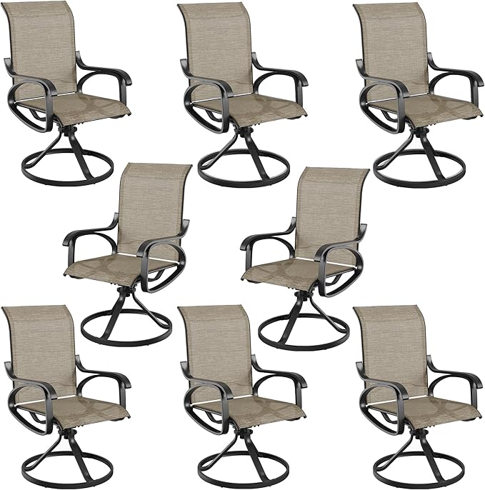 Patio Swivel Chairs Set of 8, All Weather Outdoor Rocking Chair with Textilene Breathable Back, Metal Frame, Patio Dining Chair for Backyard, Garde, Porch and Deck (8, Dark Brown)