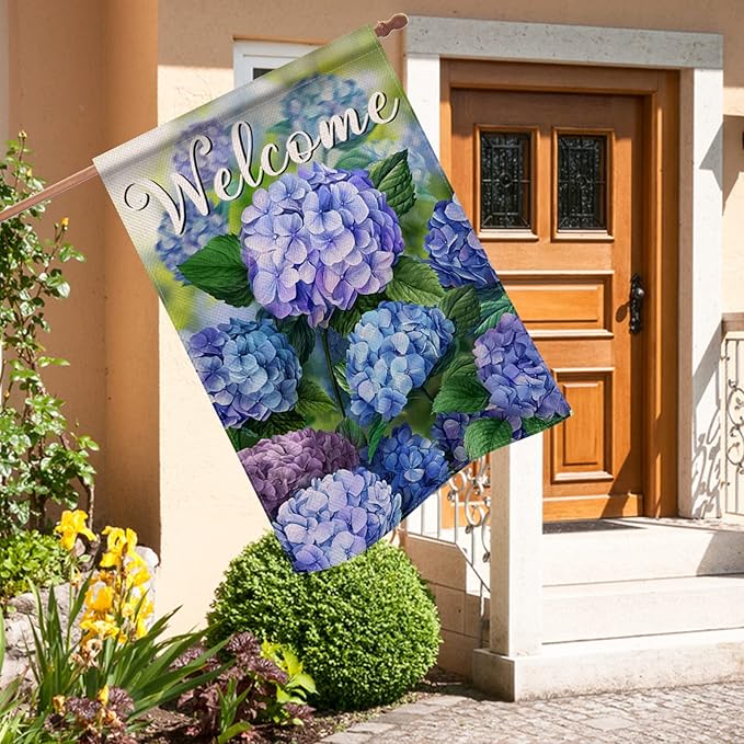 Hzppyz Welcome Spring Floral Flowers House Flag Double Sided, Hydrangea Decorative Garden Yard Outdoor Large Decor, Summer Farmhouse Burlap Home Outside Decoration 28 x 40