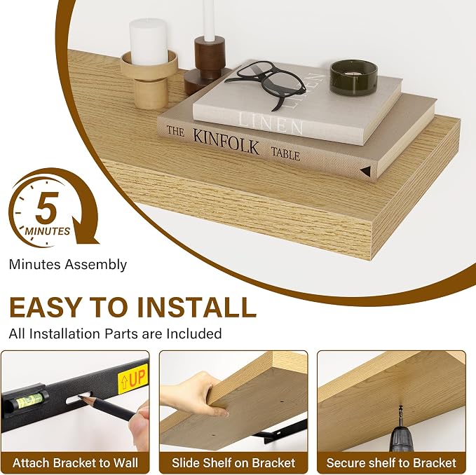Floating Shelves for Wall, 22.5"W x 8"D Wall Shelf, Rustic Wood Floating Shelf 22.5 Inch Long, Bathroom Shelves Set of 2, 8 Inch Deep Floating Shelves for Living Room, Bedroom, Kitchen, Oak Color