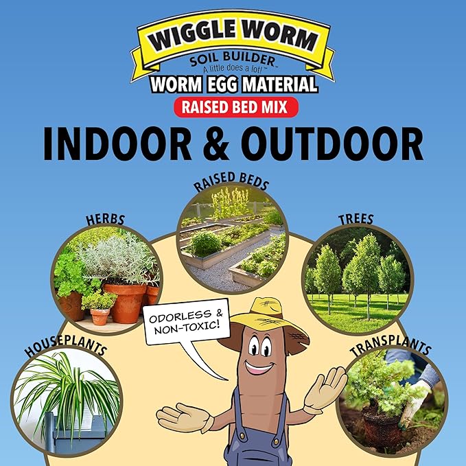 Wiggle Worm Raised Bed Mix, 40lbs - Organic Soil and Fertilizer for Container Gardening - Worm Egg Material Mixed with Odor Free Pure Worm Castings