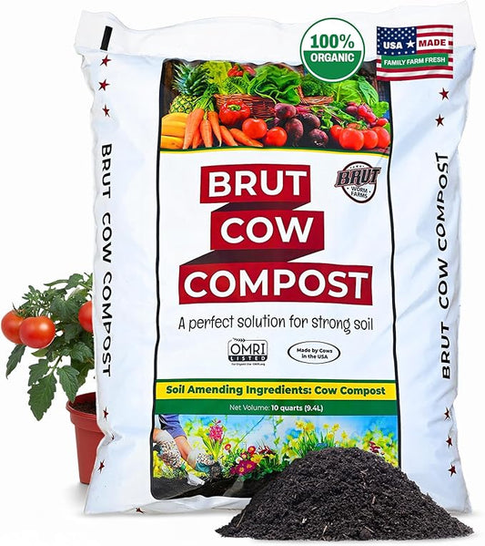 Brut Cow Compost – Nutrient-Rich Composted Cow Manure Organic Soil Amendment – 100% Pure Compost, Additive-Free Fertilizer for Vegetable Gardens, Flowers, Lawns & Indoor Plants – 10 Quart
