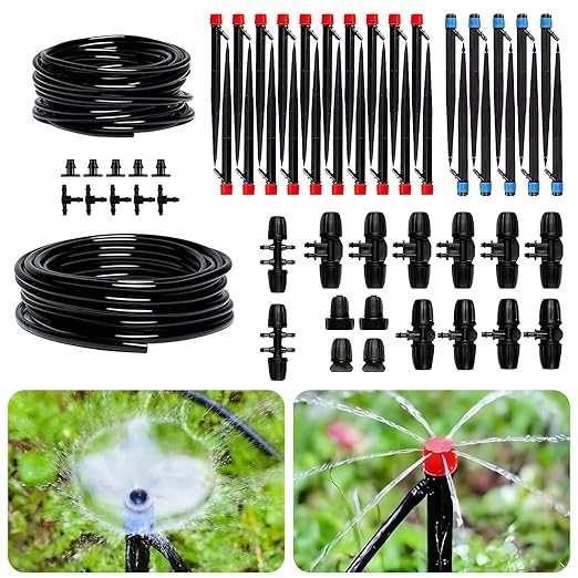 100FT Drip Irrigation Kit for Garden, Adjustable DIY Plant Watering System for Raised Beds & Greenhouse, 5/16" Main Tubing & 1/8" Micro Tubing Included