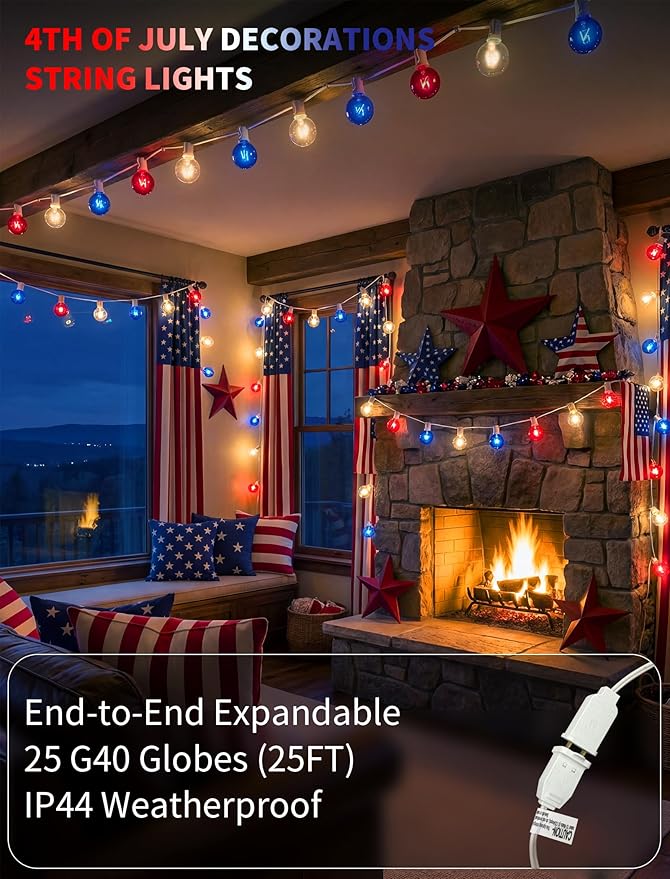 4th of July String Lights 25FT, 27 Incandescent G40 Red White Blue Bulbs (2 Spare), Waterproof Connectable Outdoor Patio Lights for Party Garden Decor