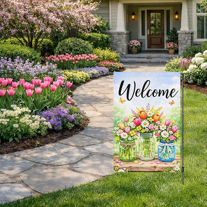 Heyfibro Spring Welcome Garden Flag 12x18 Inch Double Sided Butterfly Florals Garden Flag Small Yard Flags for Outside House Farmhouse Seasonal Spring Outdoor Decorations