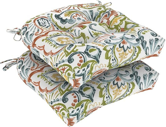 DYTXIII Set of 2 Outdoor Chair Cushions 19"x19"x4", Water Repellent Tufted Patio Seat Cushions with Ties, Thick Replacement Pads for Wicker Dining Chairs, Patio Furniture, Paisley Botanical