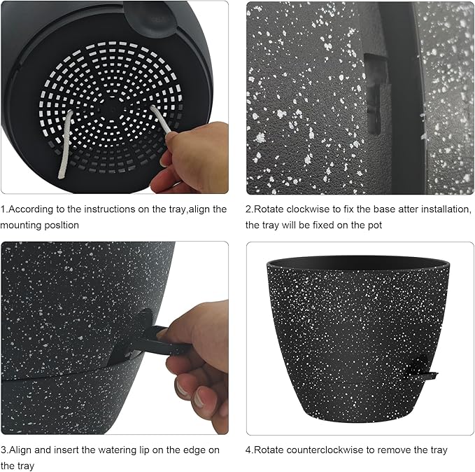 Self Watering Pots, 12 Inch Large Flower Pots with Multi-Mesh Drainage Holes and Saucer, Planters for Indoor and Outdoor Garden Plants (Speckled Black)