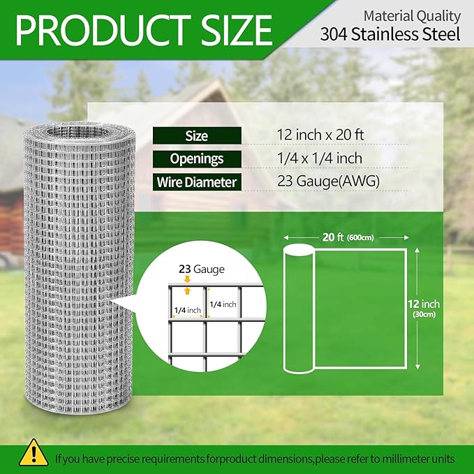Hardware Cloth 1/4 inch 23 Gauge Small Size 304 Stainless Steel mesh Chicken Welded Wire Fencing Wire Mesh Roll Fencing Garden Fence Squirrel Tunnel Network 12in×20ft