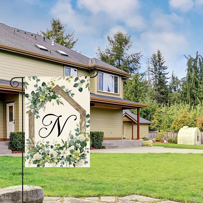 AVOIN colorlife Initial Letter N Monogram Garden Flag 12x18 Inch Double Sided Outside, Spring Floral Family Last Name Yard Decoration
