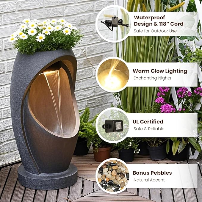 Tankana Waterfalll Water Fountain Outdoor Garden Patio Freestanding Fountains Water Feature with LED Lights, Planter Groove and Oval Cutout Design for Backyard Deck Porch Home Decor, Brown