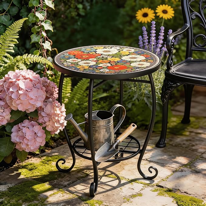 VINGLI Outdoor Side Table for Patio, Small Outdoor Table with Storage Shelf, Heavy Duty Metal Frame Patio Side Table for Outside Balcony Garden Porch