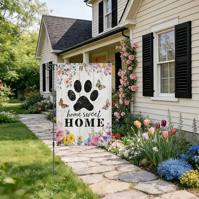 Heyfibro Spring Home Sweet Home Garden Flag 12x18 Inch Double Sided Floral Garden Flag Seasonal Small Paw Print House Flags for Outside Yard Farmhouse Spring Outdoor Decorations