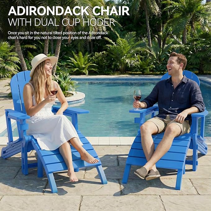 Vongrasig Adirondack Chairs Set of 2 with Removable Tabletop and Footrest, HDPE Plastic Outdoor Chair Set with Wooden Textured, Cup Holder for Patio, Poolside, Garden, Light Blue, 5 Pieces