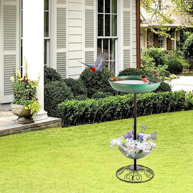 dreamysoul Metal Bird Baths for Outdoors, Pedestal Green Bird Bath with Flower Planter, BirdBaths for Outdoors Garden Yard Patio Decor