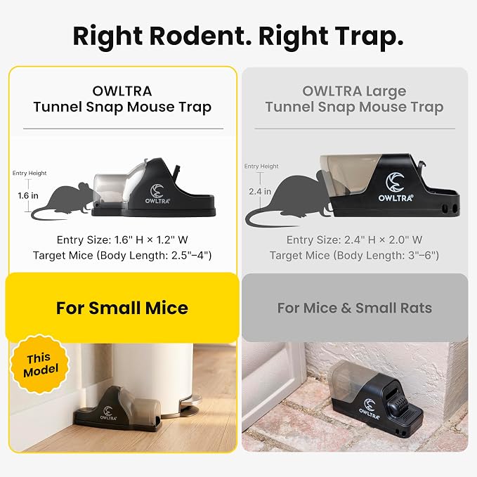 OWLTRA in-/Outdoor Safe Tunnel Snap Mouse Trap 2PCS, Instant Eliminate Rodent Snap Trap with Clear Tunnel Entry, Touch-Free Release, and Powerful Snap, Black, TST-217
