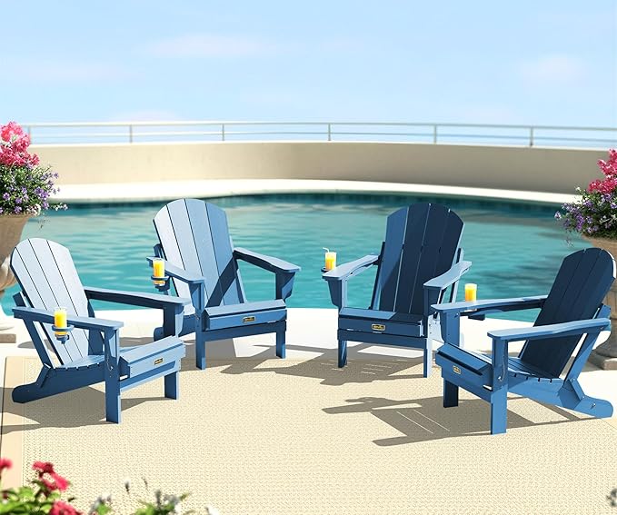 SERWALL Folding Adirondack Chair Set of 4, Weather Resistant HIPS Patio Chairs with Cup Holder for Garden Outdoors Fire Pit Chairs- Sapphire