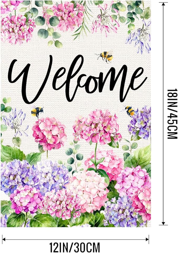 Welcome Spring Summer Garden Flag 12x18 Inch Double Sided Colorful Floral Hydrangea Bee Seasonal Small Burlap Garden Flags for Porch, Patio, Lawn, Farmhouse, Holiday Decoration
