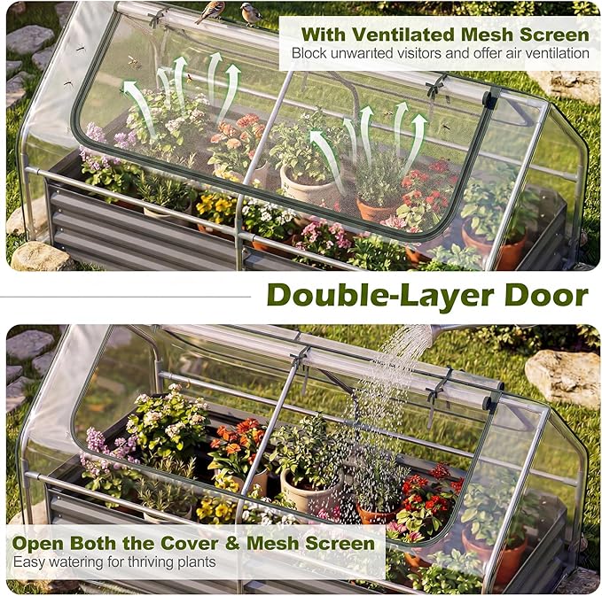 S AFSTAR Raised Garden Bed with Cover, 6FT x 3FT x 3FT Galvanized Bottomless Garden Bed with Greenhouse & Dual Roll-Up Screen Windows, Outdoor Metal Planter Box Kit with Cover (Black & Clear)
