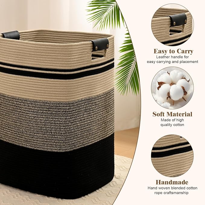Laundry Hamper, 105L Tall Laundry Basket with Leather Handles, Rectangle Large Clothes Hamper for Organizing, Cotton Woven Laundry Baskets Storage Hampers for Bedroom, Nursery, Living Room