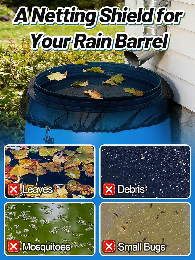 Mesh Cover for Rain Barrels - 4pcs 39in Rain Barrel Netting with Drawstring, Water Collection Buckets Tank Protector Screen for Preventing Fallen Leaves in Outdoor Garden Eaves