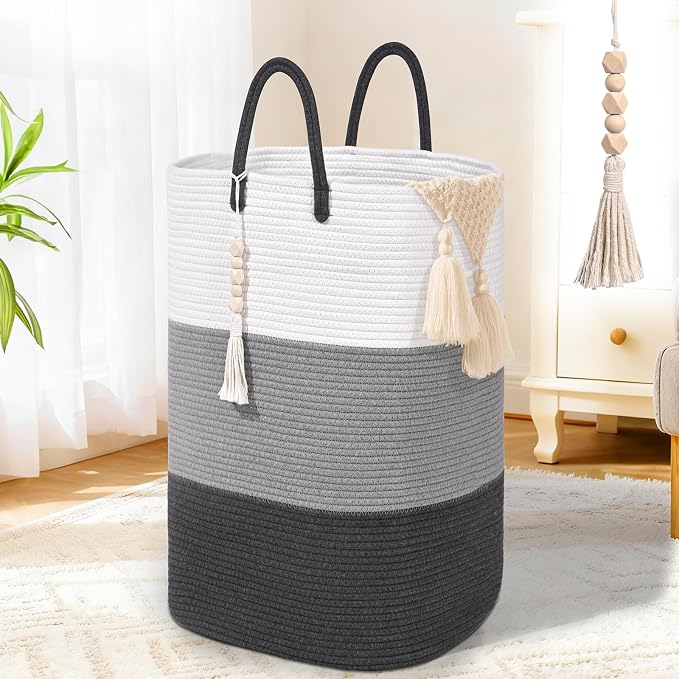 Woven Laundry Basket for Clothes,65 L Large Rectangle Laundry Hampers with Beads Tassel, Nursery Storage Basket for Toys, Tall Dirty Clothes Hamper for Bedroom Aesthetic, Laundry Room Organization
