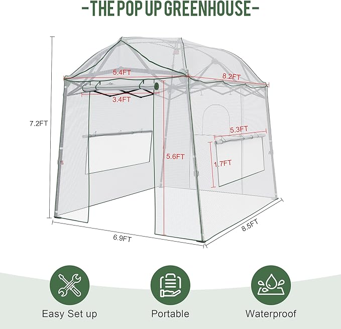 8.5 x 7 ft Pop-up Greenhouse, Walk-in Green House for Indoor Outdoor, Plant Garden Green House with Zippered Doors, Screen Windows, Heavy Duty Frame and Weather-Resistant Durable PE Cover