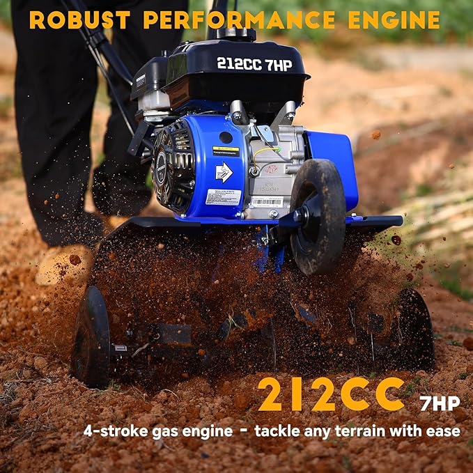 212cc 4-Cycle 7HP Gas Powered Tiller Cultivator - 22" Heavy-Duty Steel Tines Rototiller, Adjustable Wheels and Handle, Forward/Reverse for Plowing, Tilling, Weeding in Garden, Farm (Navy Blue)