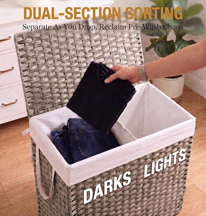 NEWBULIG 110L Extra Large Divided Laundry Hamper with Lid, 2 Section Collapsible Dirty Clothes Basket, Dual Removable Liner Bags for Bedroom, Bathroom, Closet and Dorm Room Organization Grey