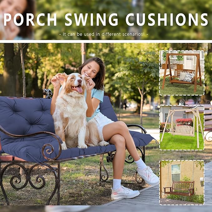 Replacement Cushions for Outdoor Furniture 48 Inch Waterproof Porch Swing Cushions 2 Seater with Backrest Extra 5" Thicken Durable Patio Long Bench Cushions(Navy Blue 48×40×5inch)