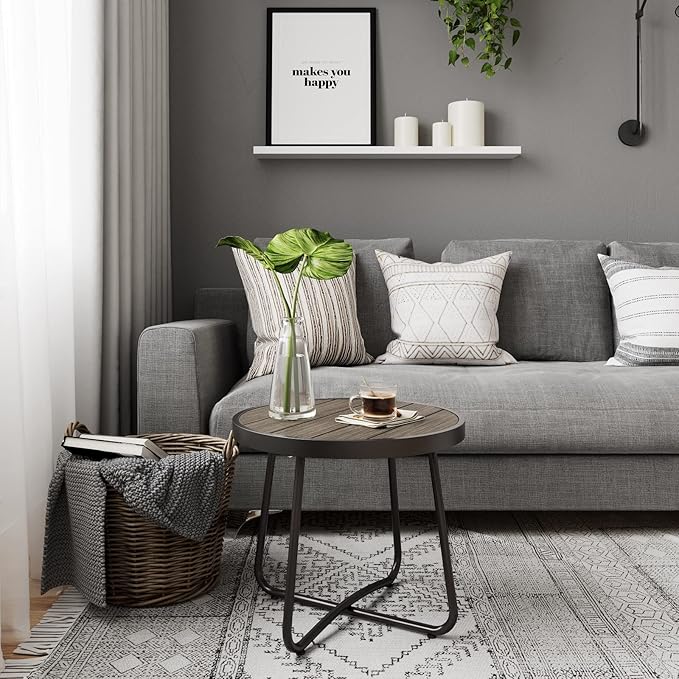 Grand patio Outdoor Side Table, Round End Table with Imitation Wood Tabletop, Dark Grey