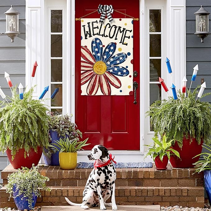 AVOIN colorlife 4th of July Patriotic House Flag 28x40 Inch Double Sided Outside, Memorial Day Welcome Floral Daisy Yard Outdoor Decoration
