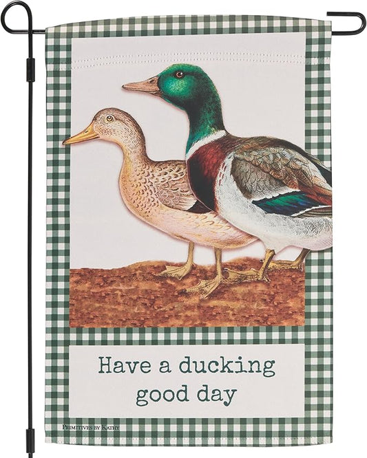Primitives by Kathy Decorative Double-Sided Garden Flag - "A Ducking Good Day" funny pun, vintage art ducks, green gingham border design, weather resistant, fun yard garden accent